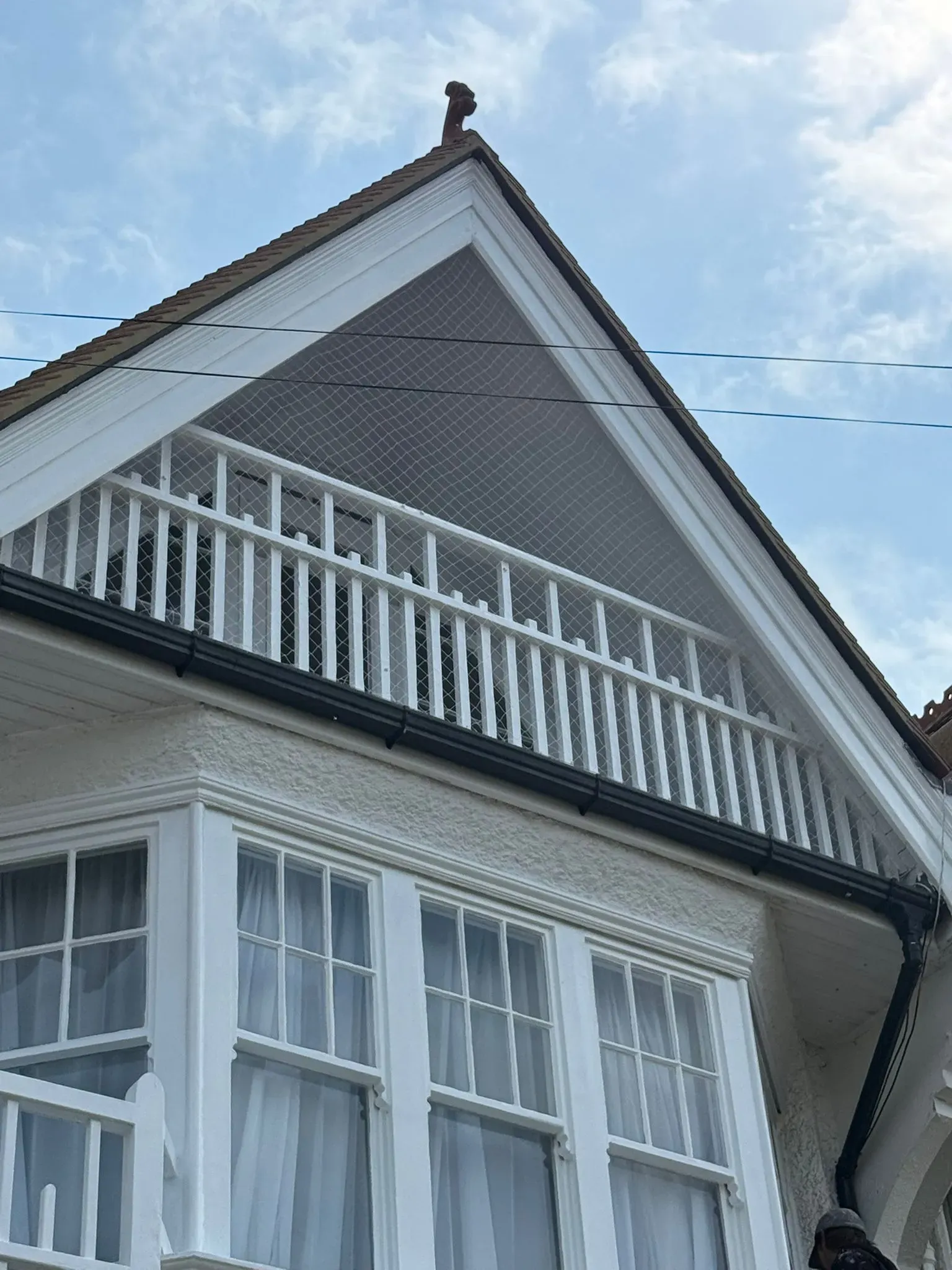 Bird netting installed on the upper gable and balcony of a white house to deter pigeons and other birds.