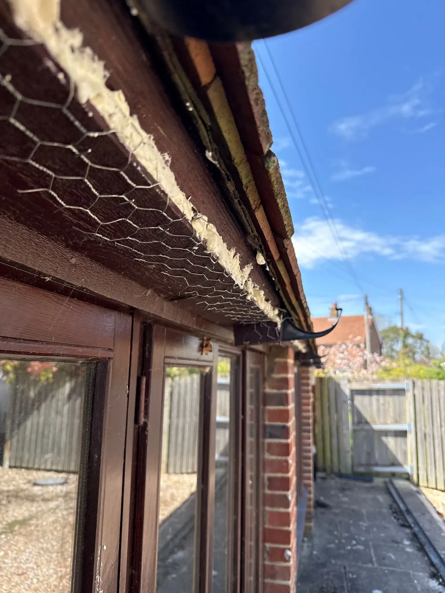 Eaves of a residential building showing newly installed chicken wire mesh and foam sealant for bird or pest control.