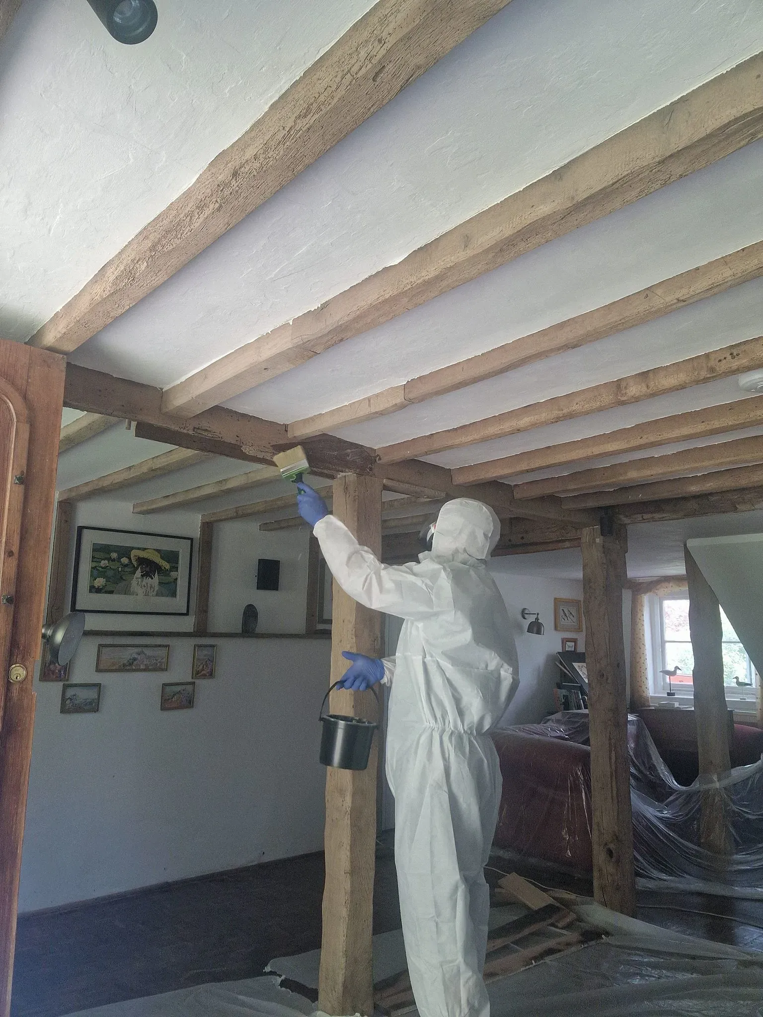 Pest control technician in a hazmat suit applying treatment to wooden beams, likely for woodworm or other timber pests.